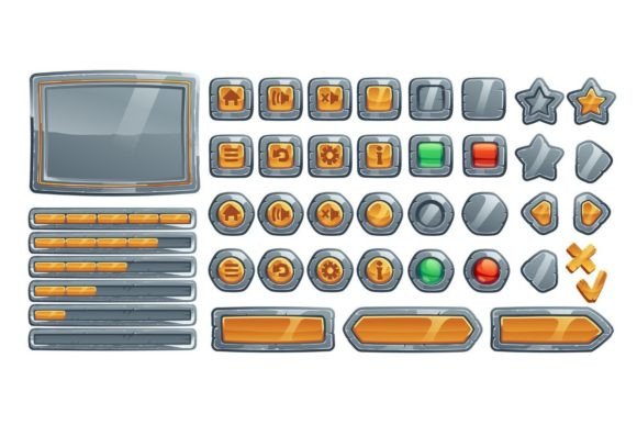 Game Buttons: Cartoon Stone, Metal & Gold Keys