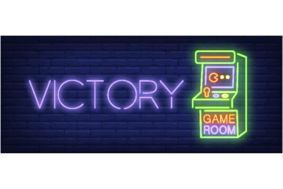 Vibrant Design Solutions with Victory Game Room Neon Text and Arcade Elements